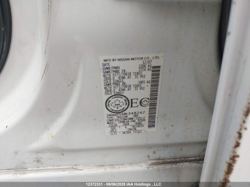 2008 Nissan Titan Pro-4X VIN: 1N6AA07C08N348247 Lot: 12372331