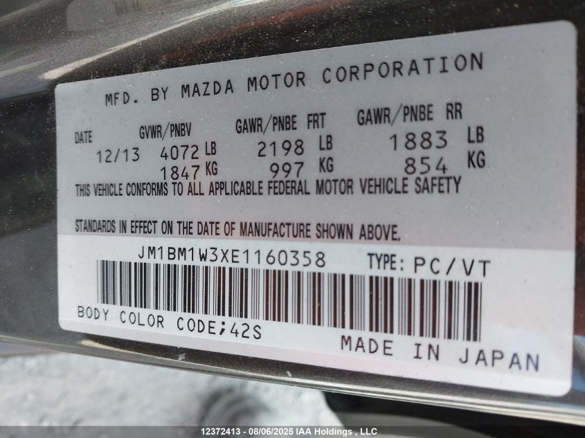 2014 Mazda 3 Grand Touring VIN: JM1BM1W3XE1160358 Lot: 12372413