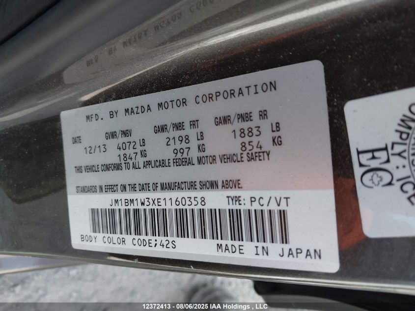 2014 Mazda 3 Grand Touring VIN: JM1BM1W3XE1160358 Lot: 12372413