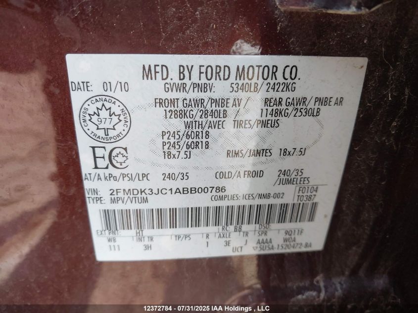 2010 Ford Edge Sel VIN: 2FMDK3JC1ABB00786 Lot: 12372784