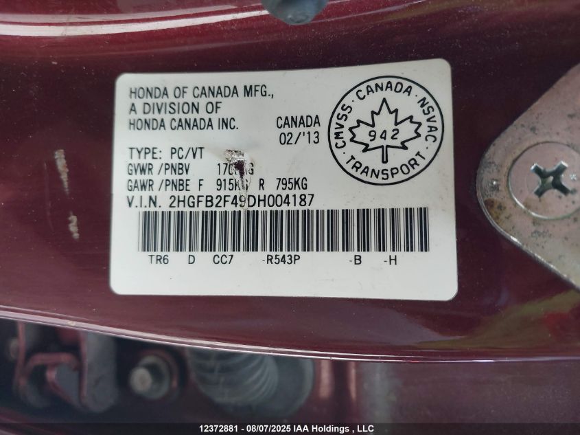 2013 Honda Civic Lx VIN: 2HGFB2F49DH004187 Lot: 12372881