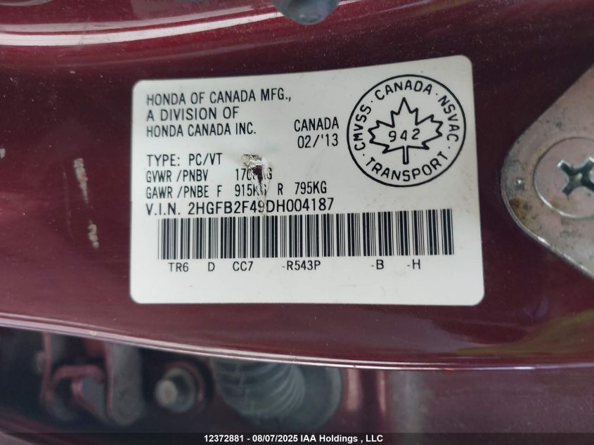 2013 Honda Civic Lx VIN: 2HGFB2F49DH004187 Lot: 12372881