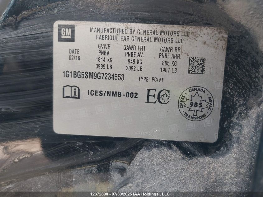 2016 Chevrolet Cruze Premier VIN: 1G1BG5SM9G7234553 Lot: 12372898