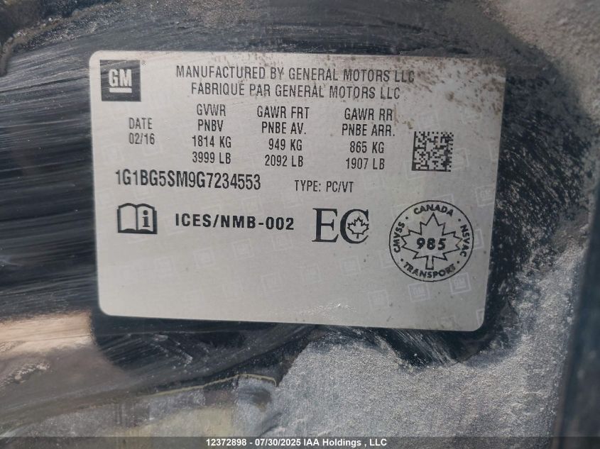 2016 Chevrolet Cruze Premier VIN: 1G1BG5SM9G7234553 Lot: 12372898