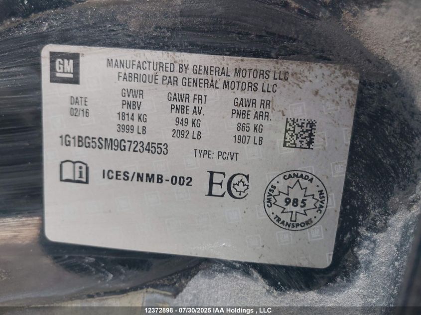 2016 Chevrolet Cruze Premier VIN: 1G1BG5SM9G7234553 Lot: 12372898