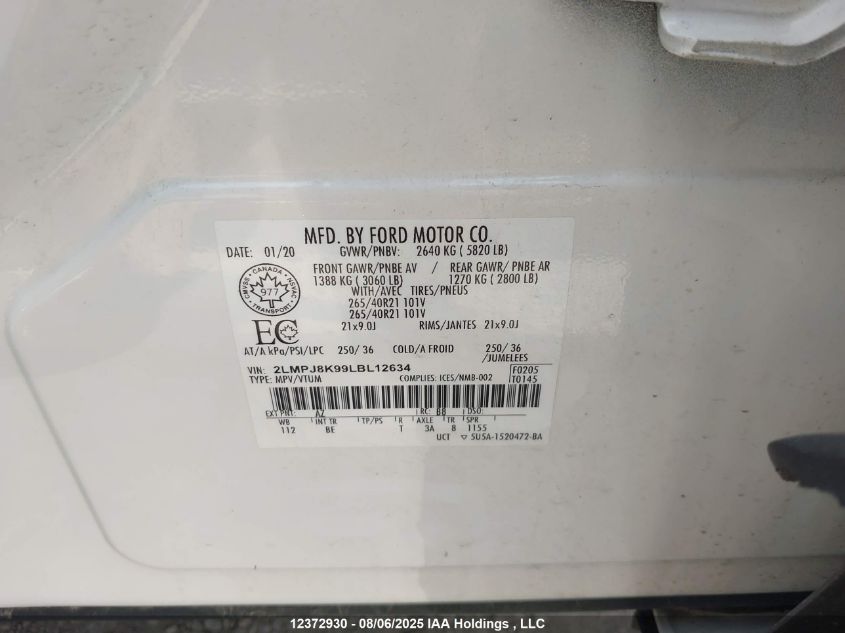 2020 Lincoln Nautilus Reserve VIN: 2LMPJ8K99LBL12634 Lot: 12372930