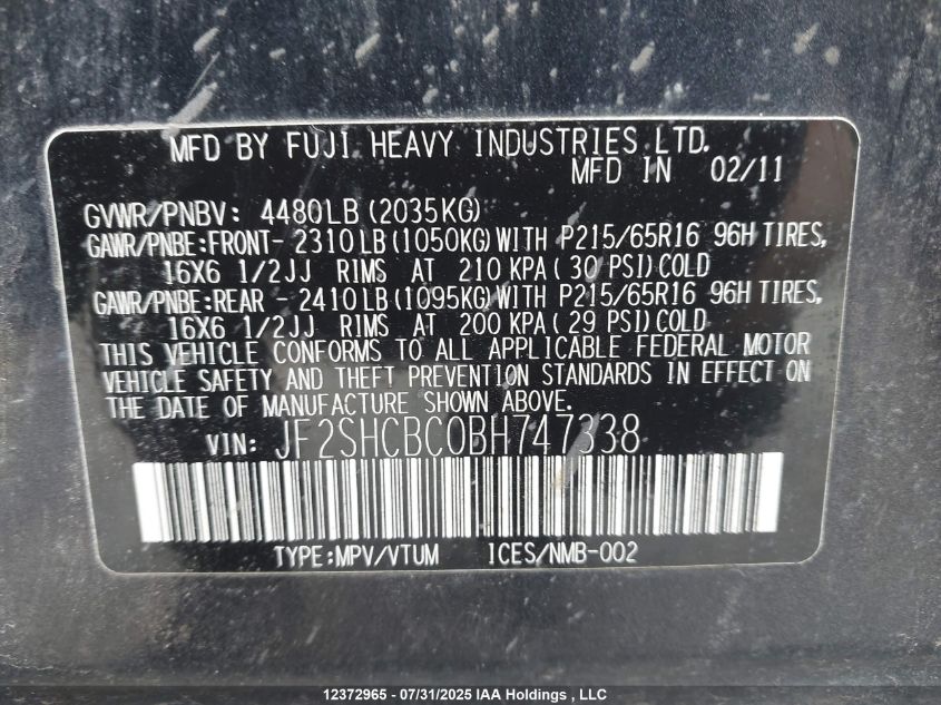 2011 Subaru Forester 2.5X VIN: JF2SHCBC0BH747338 Lot: 12372965