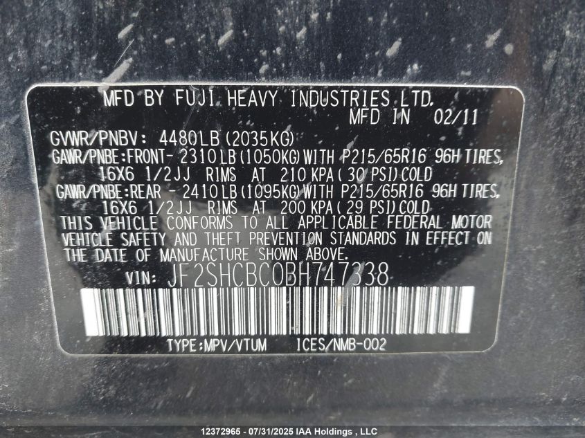2011 Subaru Forester 2.5X VIN: JF2SHCBC0BH747338 Lot: 12372965