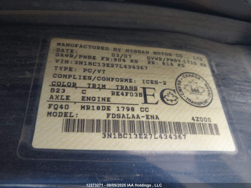 3N18C13E27L434367 2007 NISSAN VERSA photo no. 18