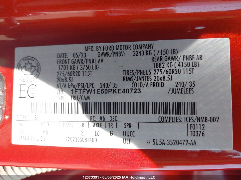 2023 Ford F-150 Lariat VIN: 1FTFW1E50PKE40723 Lot: 12373391