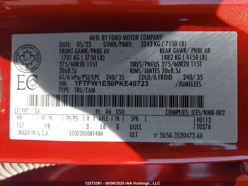 2023 Ford F-150 Lariat VIN: 1FTFW1E50PKE40723 Lot: 12373391