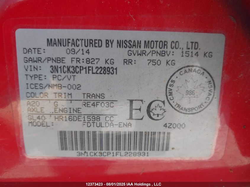 2015 Nissan Micra VIN: 3N1CK3CP1FL228931 Lot: 12373423