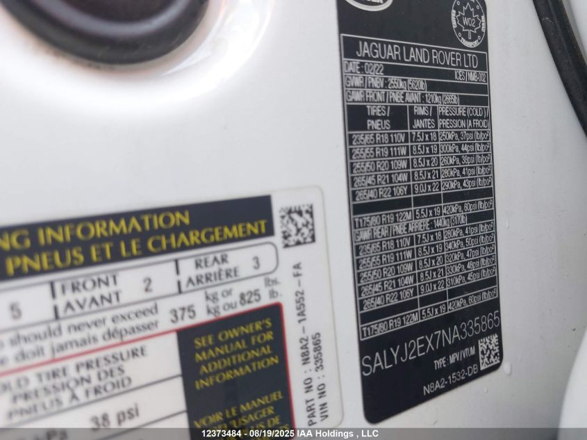 2022 Land Rover Range Rover Velar S VIN: SALYJ2EX7NA335865 Lot: 12373484