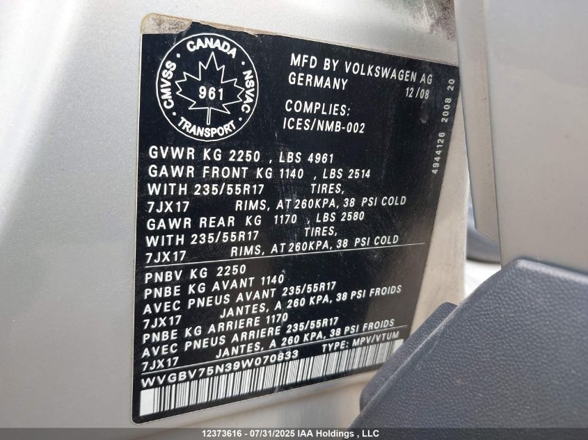 2009 Volkswagen Tiguan Se/Sel VIN: WVGBV75N39W070833 Lot: 12373616