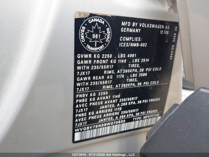 2009 Volkswagen Tiguan Se/Sel VIN: WVGBV75N39W070833 Lot: 12373616