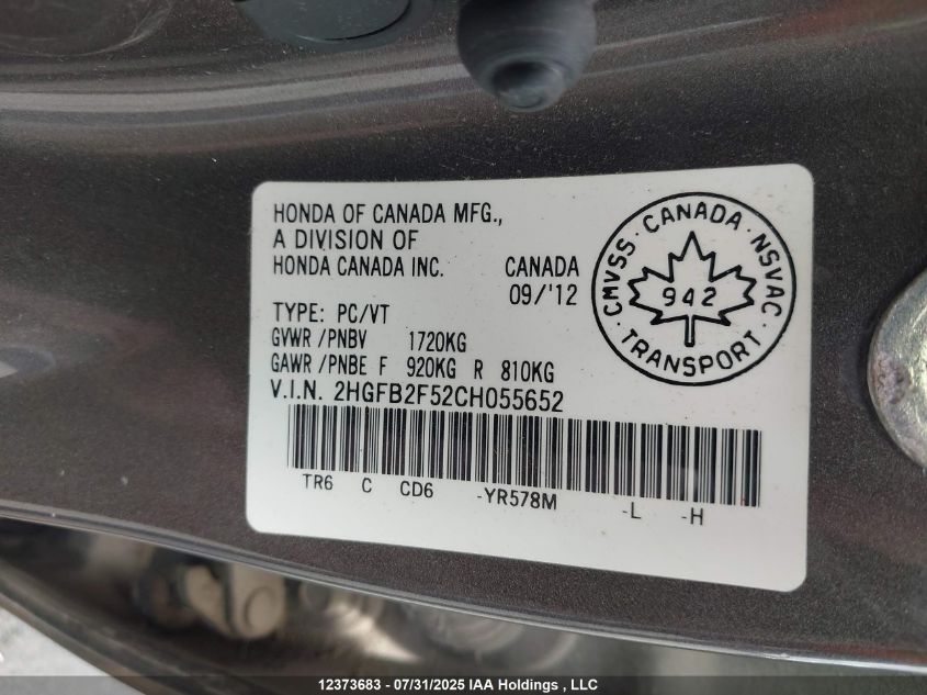 2012 Honda Civic Ex VIN: 2HGFB2F52CH055652 Lot: 12373683