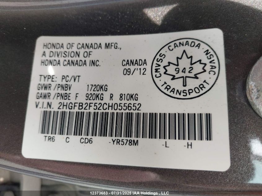 2012 Honda Civic Ex VIN: 2HGFB2F52CH055652 Lot: 12373683