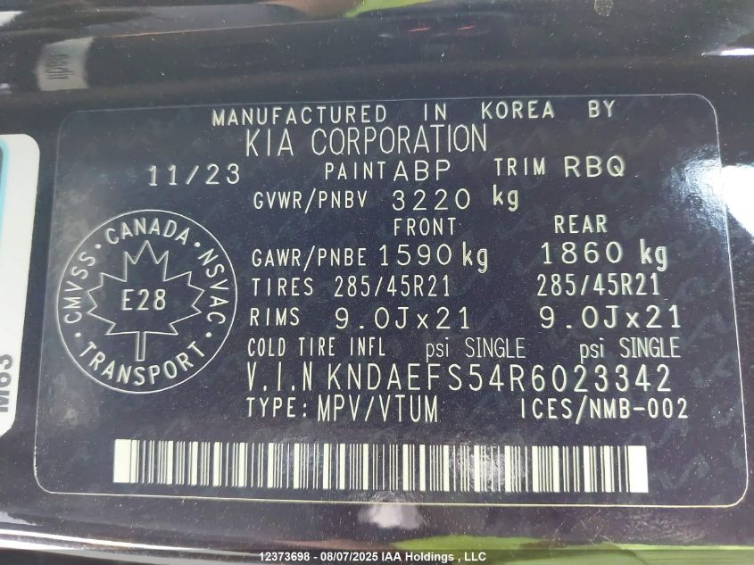 2024 Kia Ev9 VIN: KNDAEFS54R6023342 Lot: 12373698