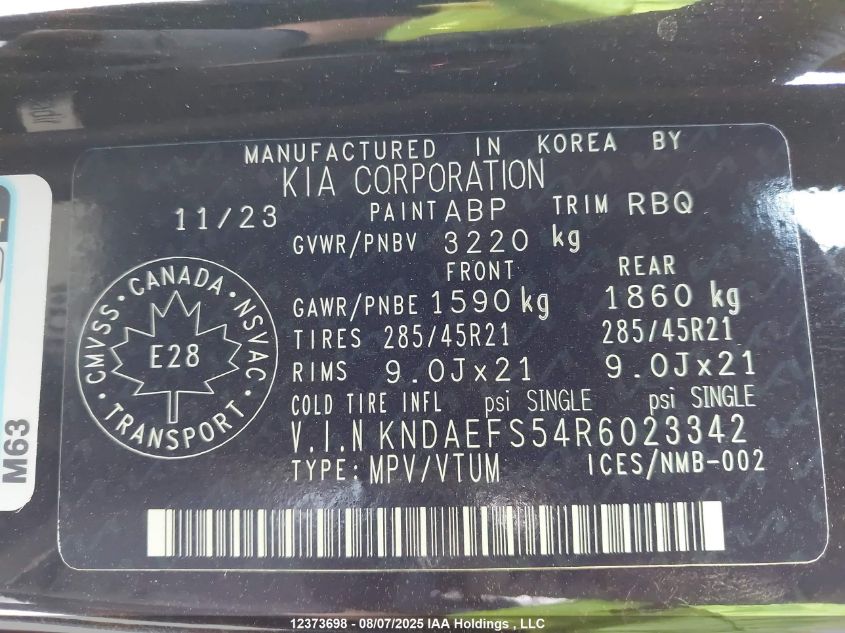 2024 Kia Ev9 VIN: KNDAEFS54R6023342 Lot: 12373698