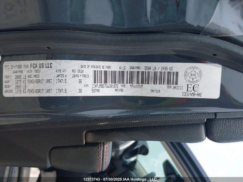 2016 Jeep Cherokee Trailhawk VIN: 1C4PJMBS7GW301972 Lot: 12373743