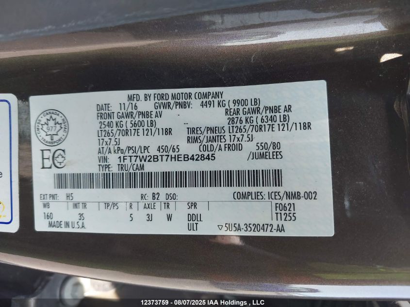 2017 Ford F-250 Xlt VIN: 1FT7W2BT7HEB42845 Lot: 12373759