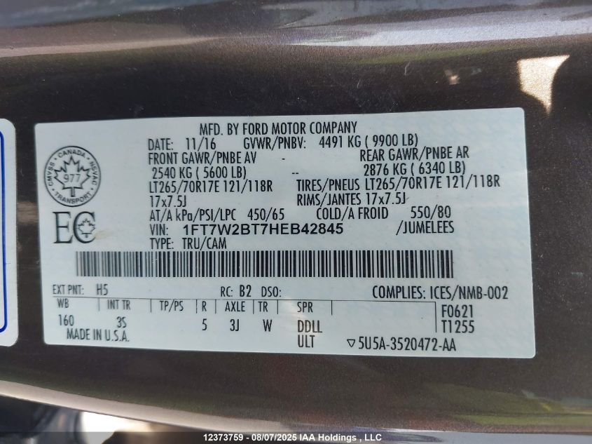 2017 Ford F-250 Xlt VIN: 1FT7W2BT7HEB42845 Lot: 12373759