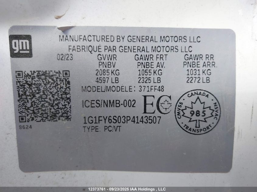 2023 Chevrolet Bolt Euv VIN: 1G1FY6S03P4143507 Lot: 12373761