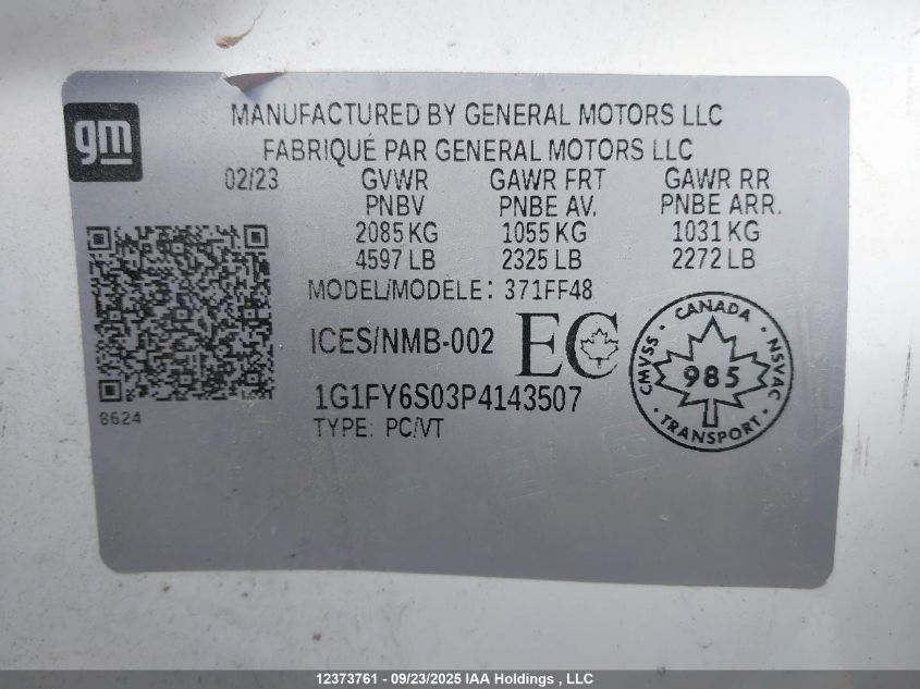 2023 Chevrolet Bolt Euv VIN: 1G1FY6S03P4143507 Lot: 12373761
