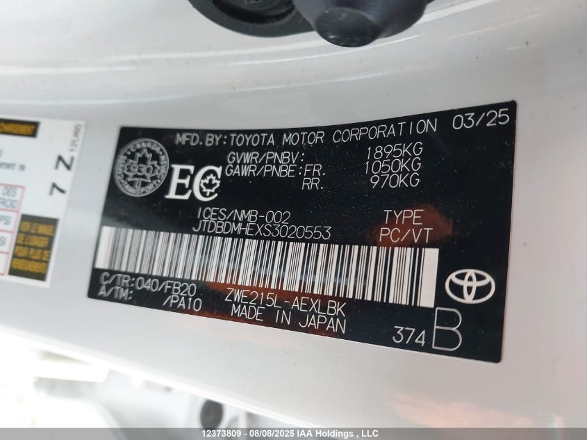 2025 Toyota Corolla Le/Se VIN: JTDBDMHEXS3020553 Lot: 12373809