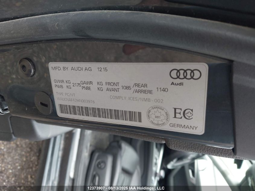 2017 Audi A4 Technik VIN: WAUCNAF42HN003976 Lot: 12373907