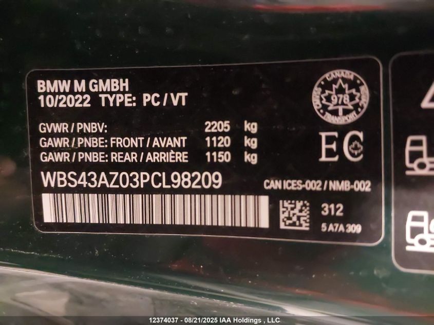 2023 BMW M4 Competition M xDrive VIN: WBS43AZ03PCL98209 Lot: 12374037