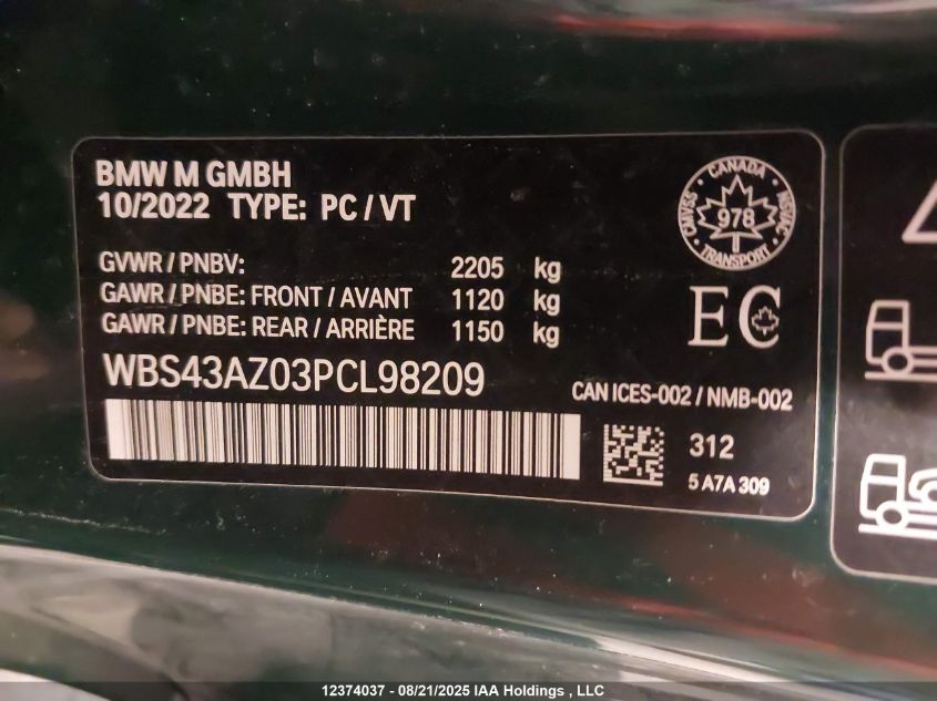 2023 BMW M4 Competition M xDrive VIN: WBS43AZ03PCL98209 Lot: 12374037