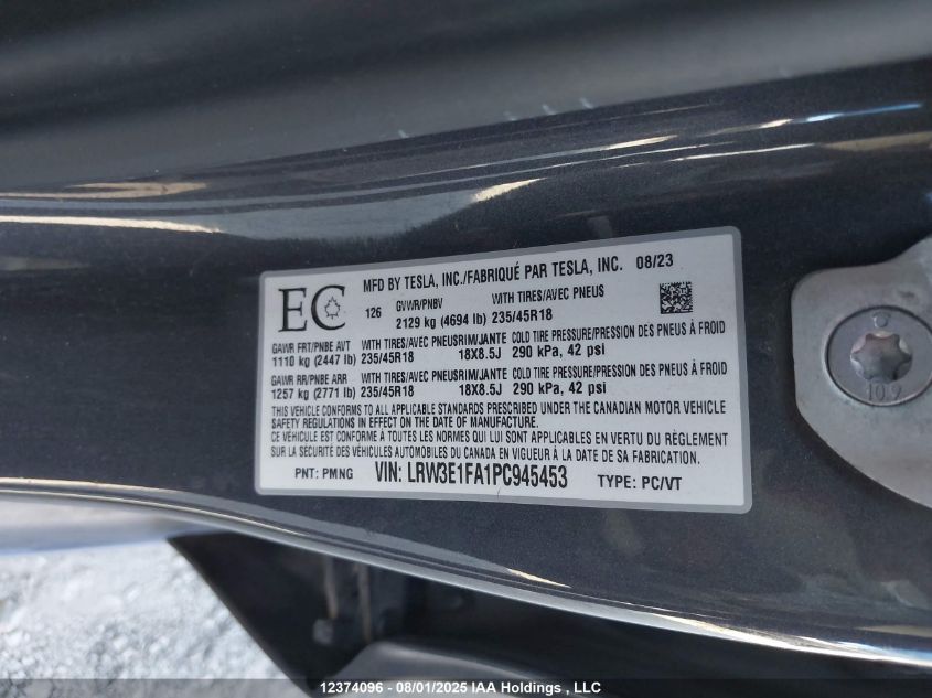 2023 Tesla Model 3 Rwd VIN: LRW3E1FA1PC945453 Lot: 12374096