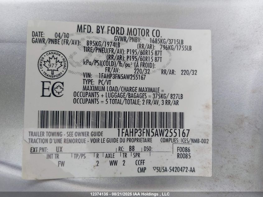 2010 Ford Focus VIN: 1FAHP3FN5AW255167 Lot: 12374135