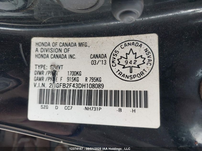2013 Honda Civic Sdn VIN: 2HGFB2F43DH108089 Lot: 12374157