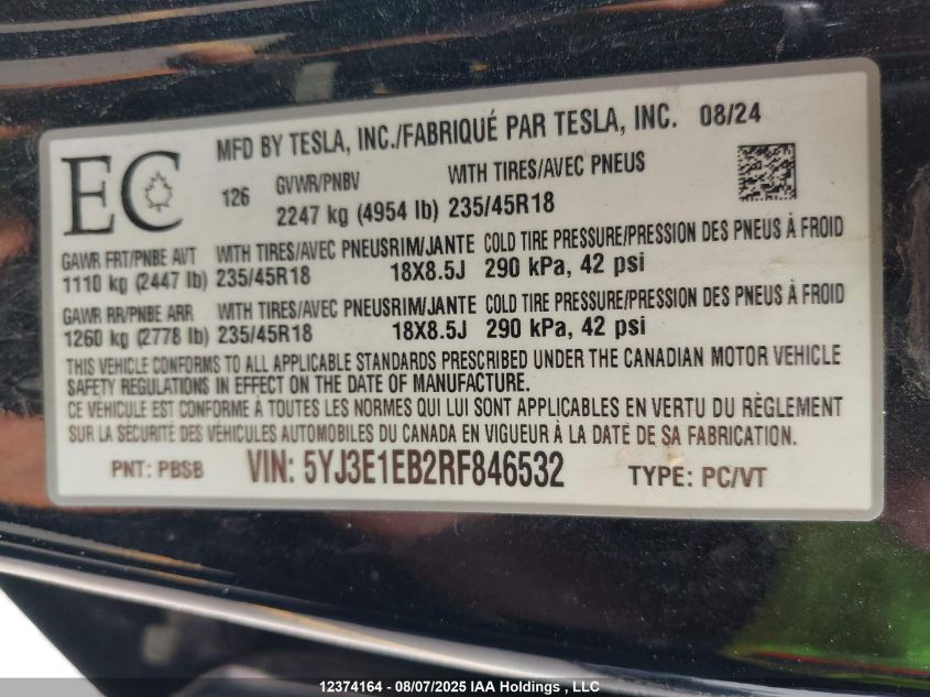 2024 Tesla Model 3 Long Range VIN: 5YJ3E1EB2RF846532 Lot: 12374164