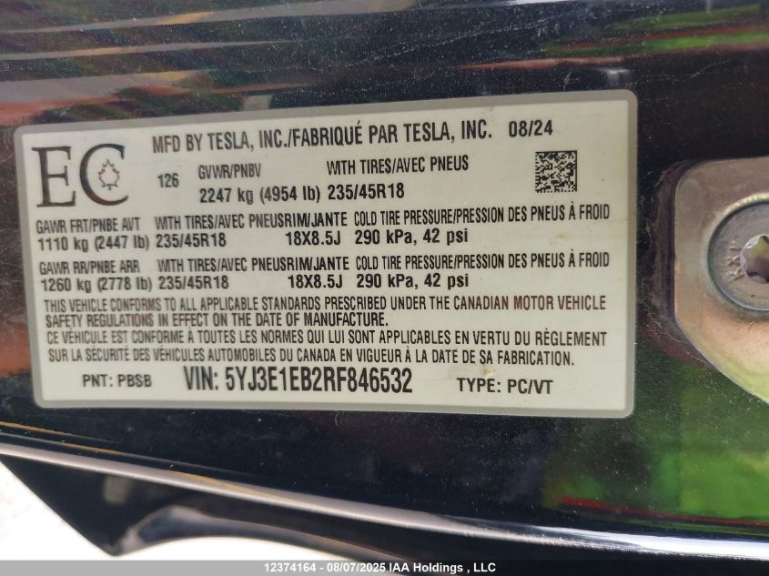 2024 Tesla Model 3 Long Range VIN: 5YJ3E1EB2RF846532 Lot: 12374164