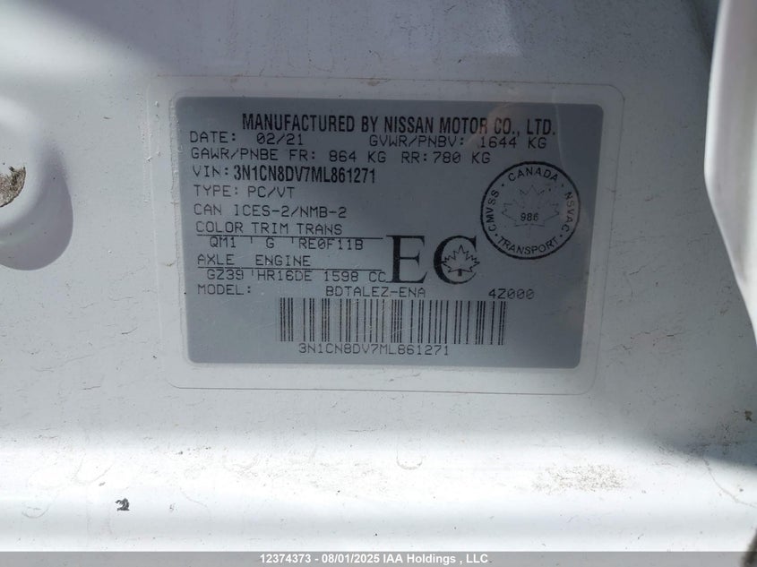 2021 Nissan Versa VIN: 3N1CN8DV7ML861271 Lot: 12374373