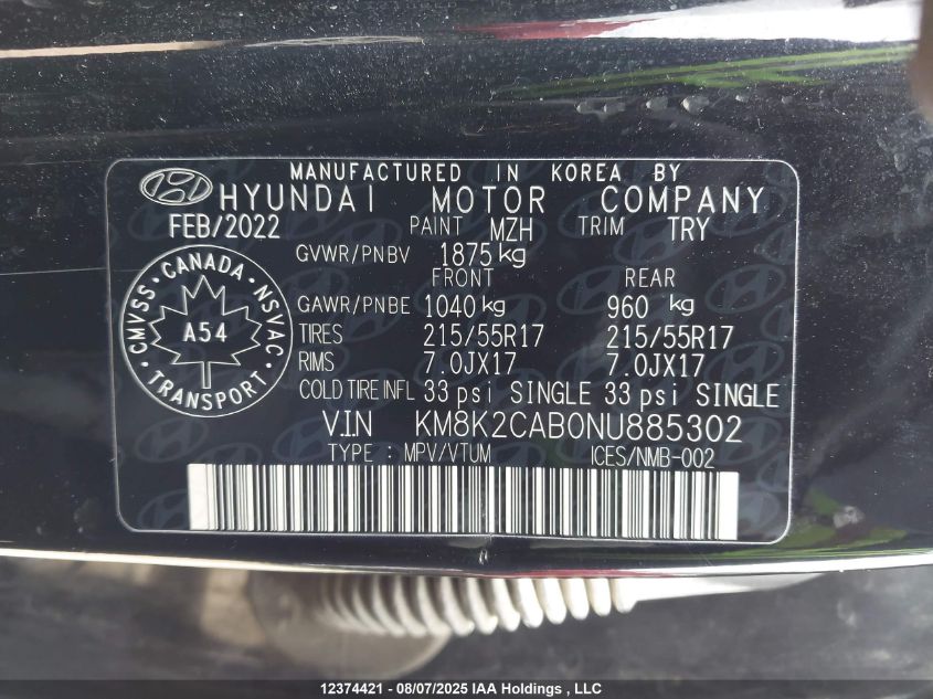 2022 Hyundai Kona Sel/Se VIN: KM8K2CAB0NU885302 Lot: 12374421
