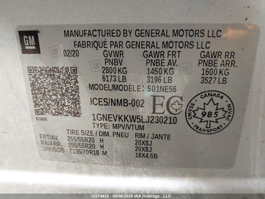 2020 Chevrolet Traverse Premier VIN: 1GNEVKKW5LJ230210 Lot: 12374433