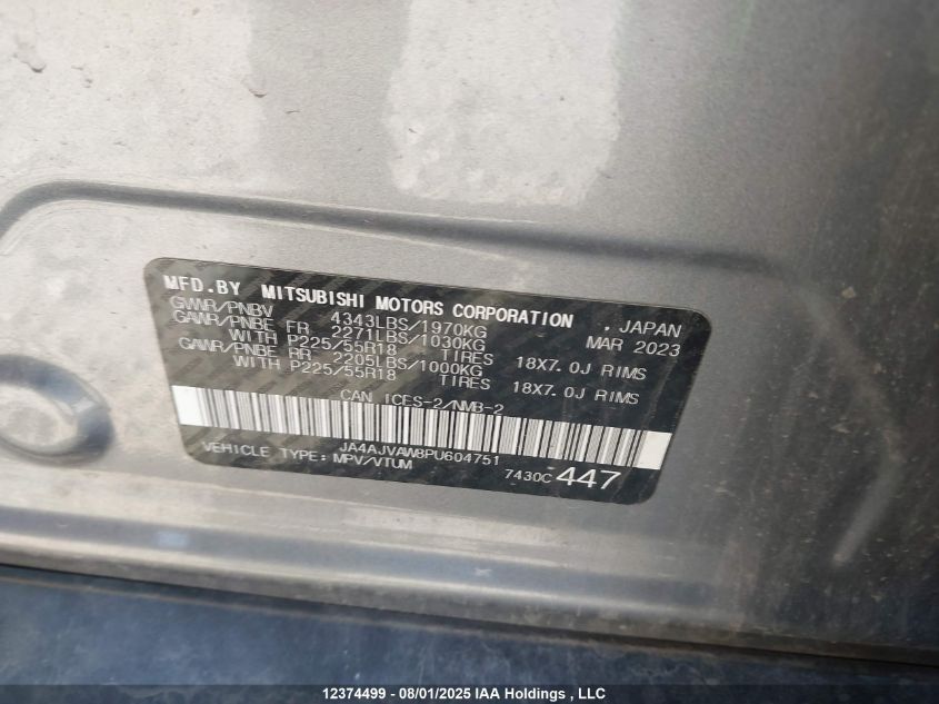 2023 Mitsubishi Rvr Se/Sel/Le/Gt VIN: JA4AJVAW8PU604751 Lot: 12374499