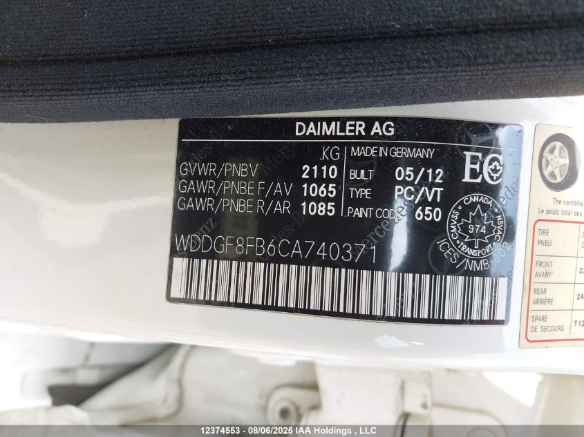 2012 Mercedes-Benz C 250 4Matic VIN: WDDGF8FB6CA740371 Lot: 12374553