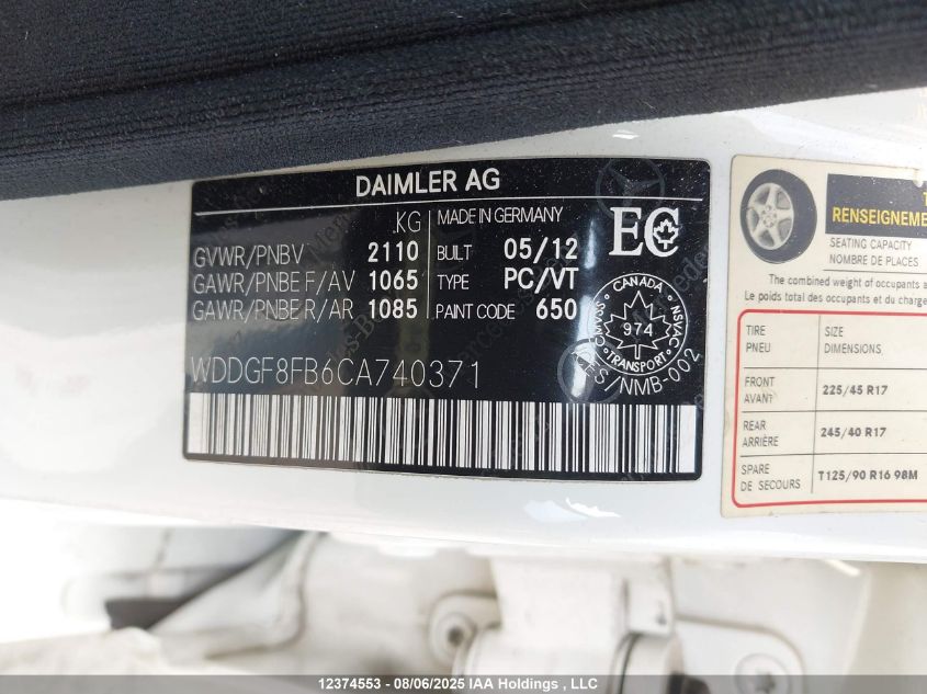 2012 Mercedes-Benz C 250 4Matic VIN: WDDGF8FB6CA740371 Lot: 12374553