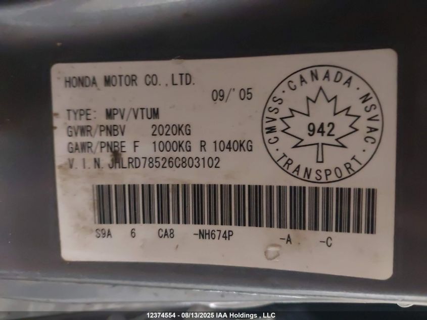 2006 Honda Cr-V Se VIN: JHLRD78526C803102 Lot: 12374554