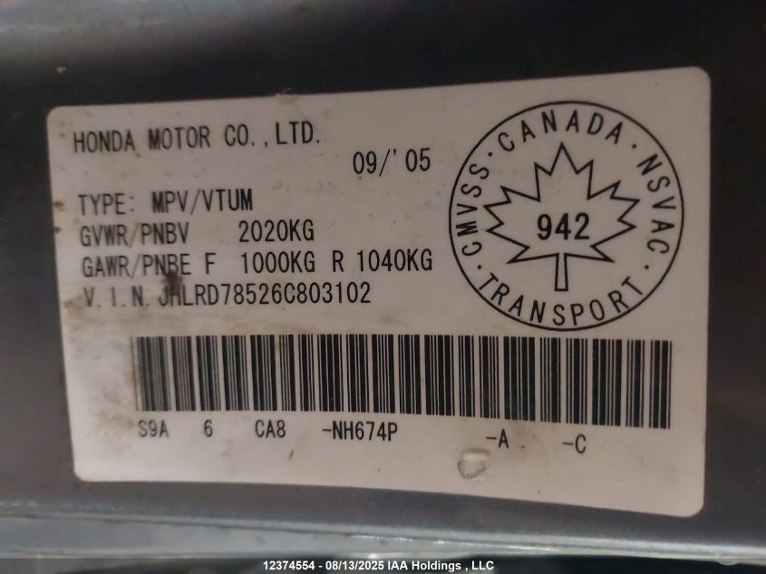 2006 Honda Cr-V Se VIN: JHLRD78526C803102 Lot: 12374554