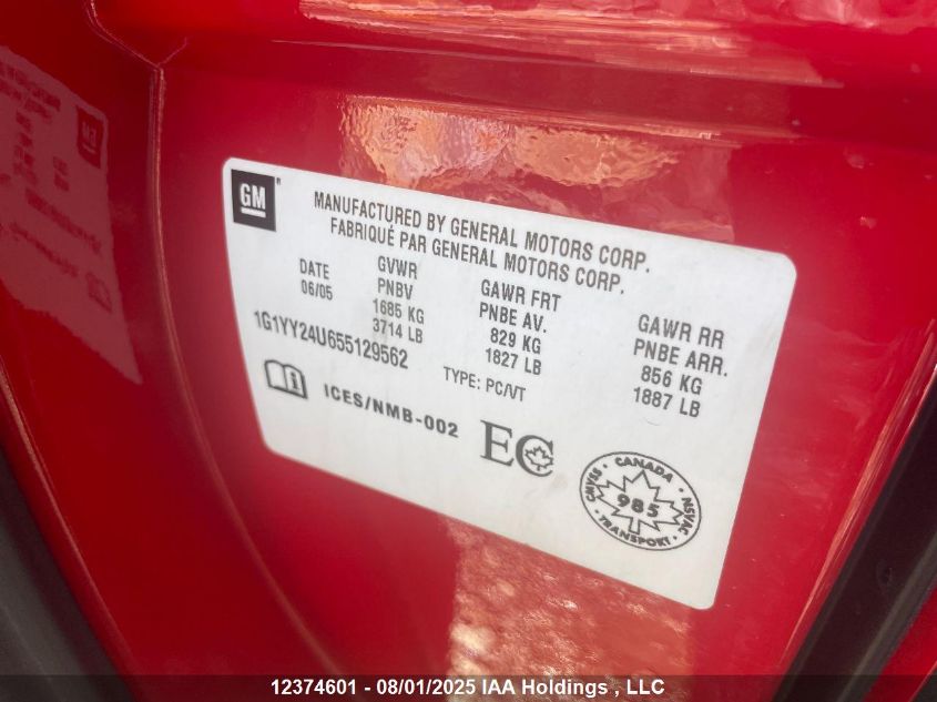 2005 Chevrolet Corvette VIN: 1G1YY24U655129562 Lot: 12374601