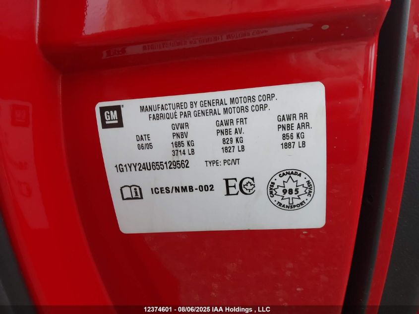 2005 Chevrolet Corvette VIN: 1G1YY24U655129562 Lot: 12374601