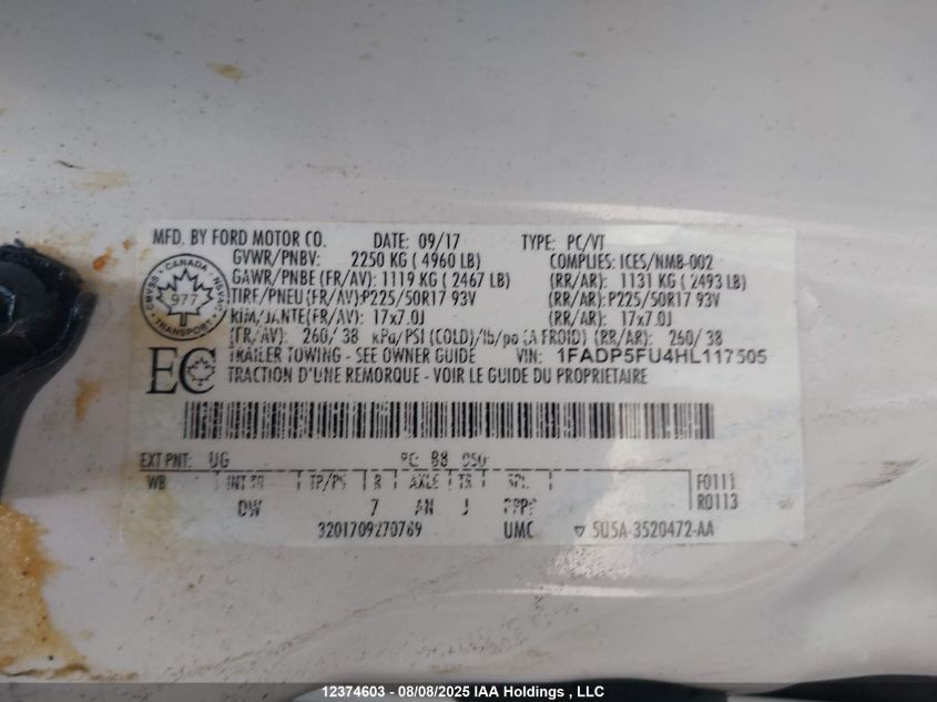 2017 Ford C-Max Energi Titanium VIN: 1FADP5FU4HL117505 Lot: 12374603