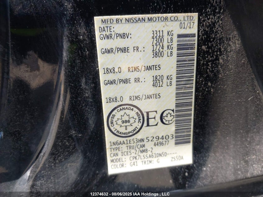2017 Nissan Titan Platinum Reserve/Pro-4X/S/Sl/Sv VIN: 1N6AA1E53HN529403 Lot: 12374632