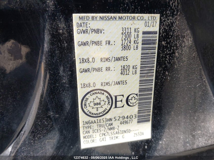 2017 Nissan Titan Platinum Reserve/Pro-4X/S/Sl/Sv VIN: 1N6AA1E53HN529403 Lot: 12374632